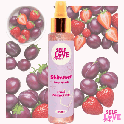 Body Splash Shimmer rosa con brillo dorado en botella transparente de 110ml con aroma Pure Seduction