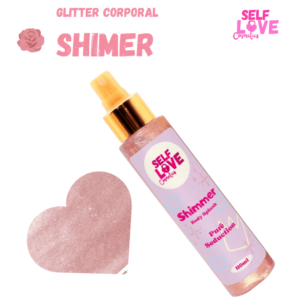 Body Splash Shimmer con brillo rosa dorado, fórmula en spray con aroma Pure Seduction, botella transparente y tapa dorada