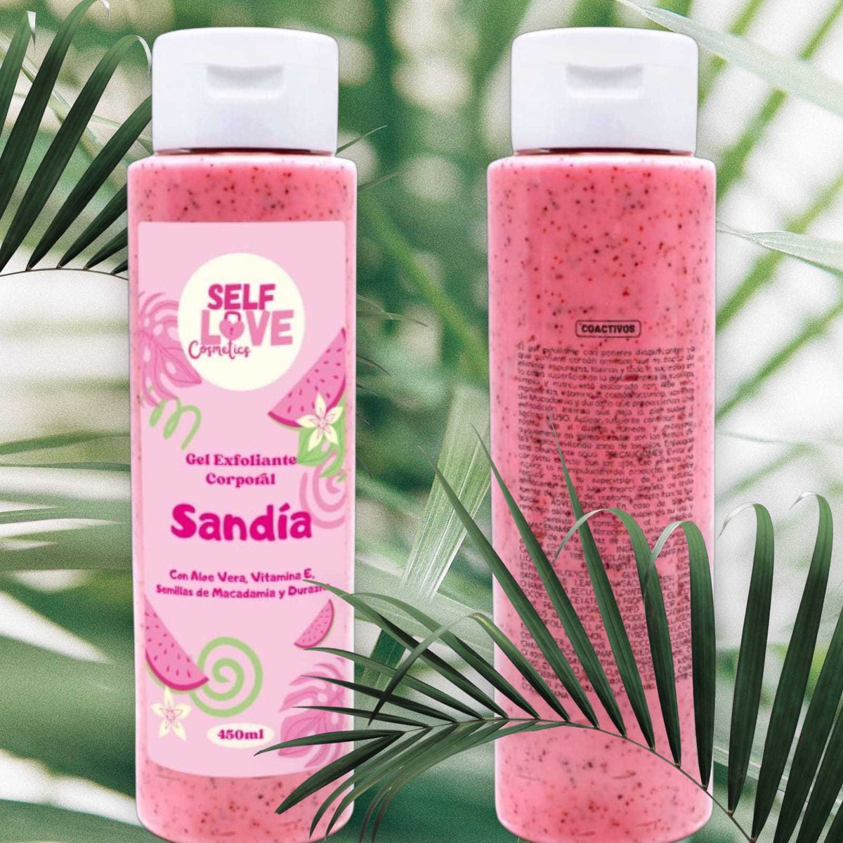 Gel exfoliante corporal sandía color rosa con partículas exfoliantes visibles, con aloe vera y semillas, EXFOLIANTE CORPORAL SANDIA.