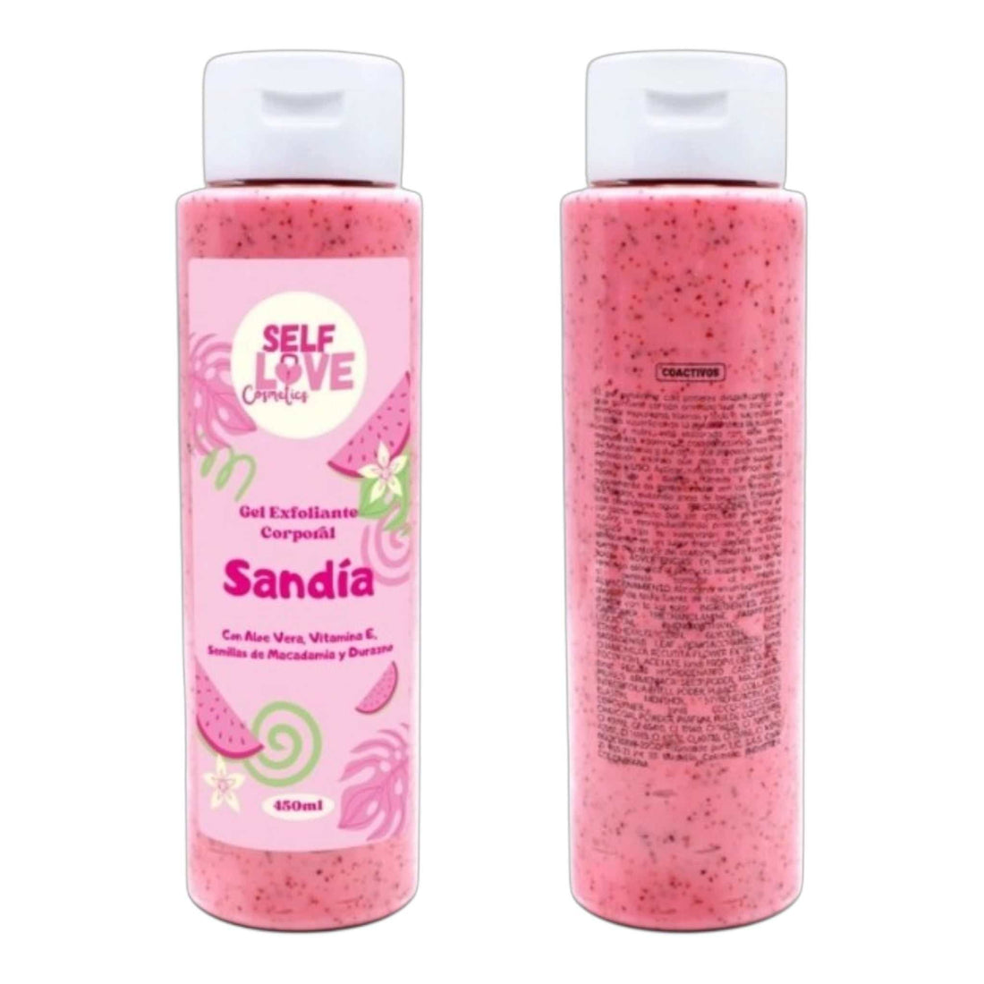 EXFOLIANTE CORPORAL SANDIA en gel rosa con semillas visibles, hidratante con aloe vera y vitamina E, envase plástico