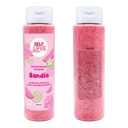 EXFOLIANTE CORPORAL SANDIA en gel rosa con semillas visibles, hidratante con aloe vera y vitamina E, envase plástico
