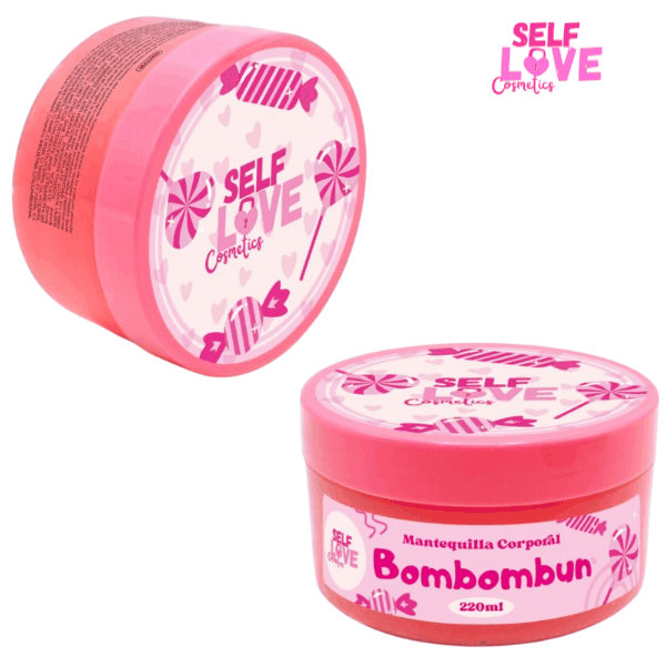 MANTEQUILLA CORPORAL en envase rosa con diseño de caramelos y texto Bombombun para hidratación profunda