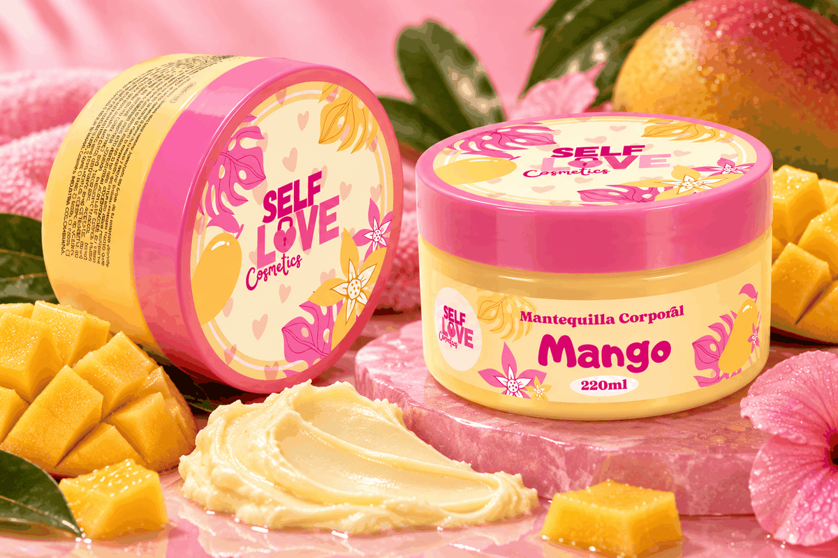 MANTEQUILLA CORPORAL DE MANGO en envase plástico amarillo y rosa con diseño floral y trozos de mango fresco junto a crema untada