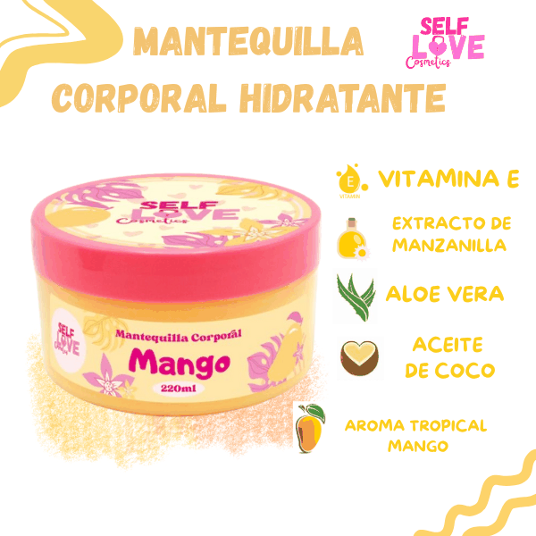 MANTEQUILLA CORPORAL DE MANGO en envase plástico amarillo con tapa rosa, ingredientes aloe vera, vitamina E y aroma tropical mango