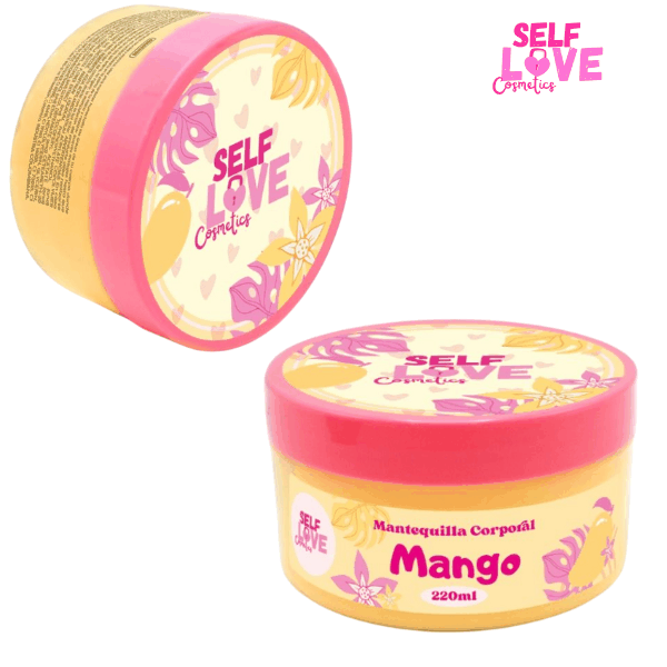 MANTEQUILLA CORPORAL DE MANGO en envase plástico amarillo con tapa rosa y diseño floral en tonos morados y rosas, 220 ml