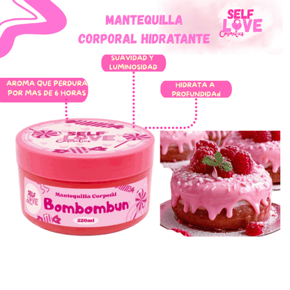 MANTEQUILLA CORPORAL hidratante en envase rosa con etiqueta de Bombombun junto a donas glaseadas rosa con frambuesas frescas