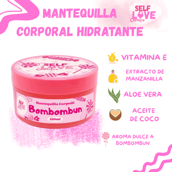 MANTEQUILLA CORPORAL hidratante en envase rosa con etiquetas y texto sobre ingredientes como vitamina E, aloe vera y aceite de coco
