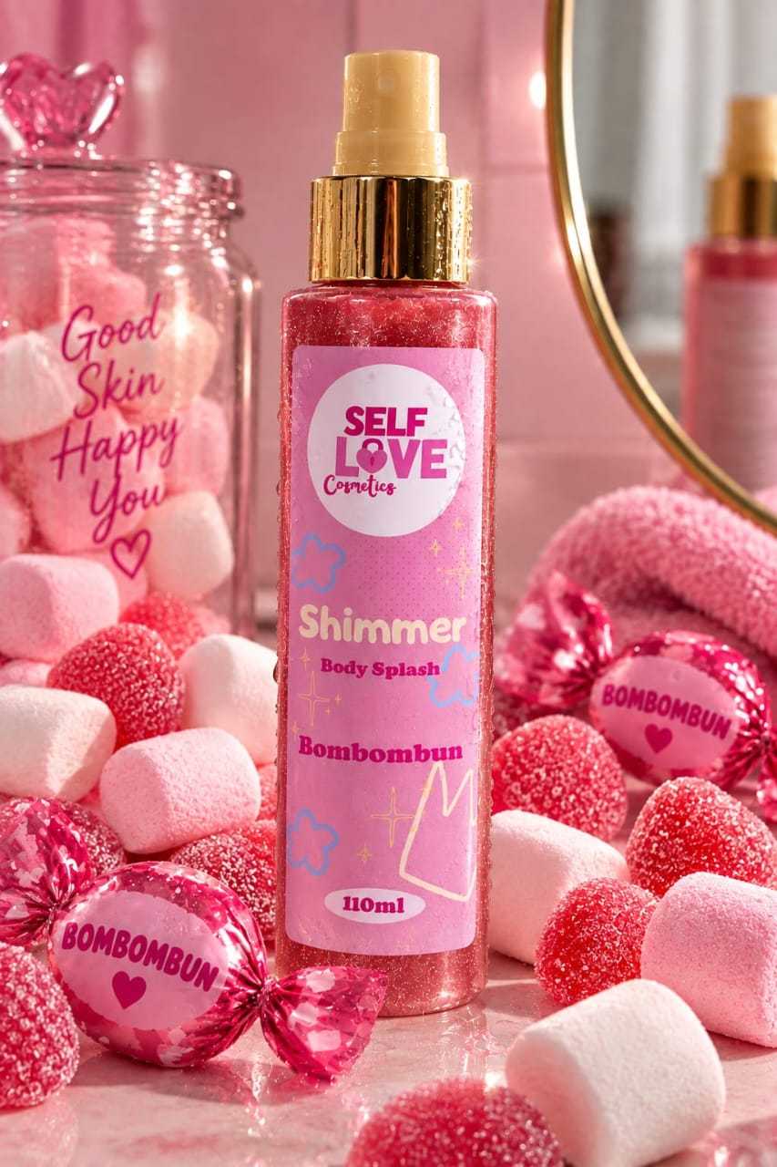Shimmer Body Splash color rosa con brillo, envase de plástico translúcido y etiqueta decorativa con texto y estrellas