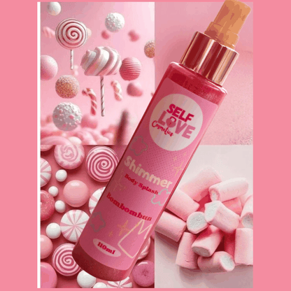 Shimmer Body Splash color rosa con envase transparente y tapa dorada, fragancia fresca y luminosidad sutil